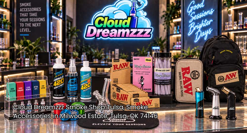 Showcase of glass water pipes, cleaners, and rolling papers featured at a top smoke accessories Tulsa local shop.