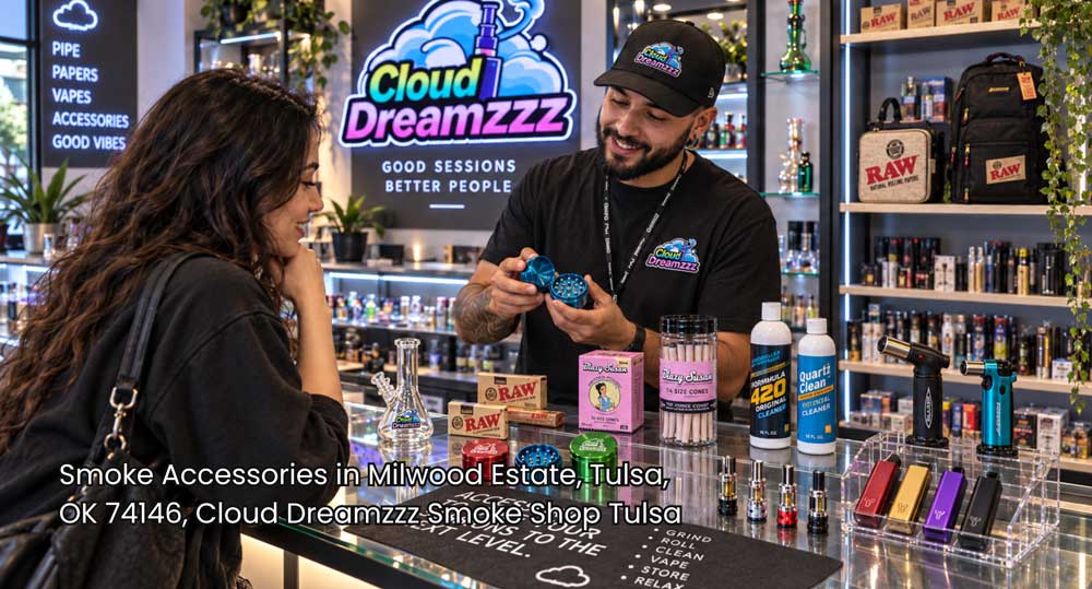 Friendly shop employee showing blue metal grinders and premium smoke accessories Tulsa store customers love daily.