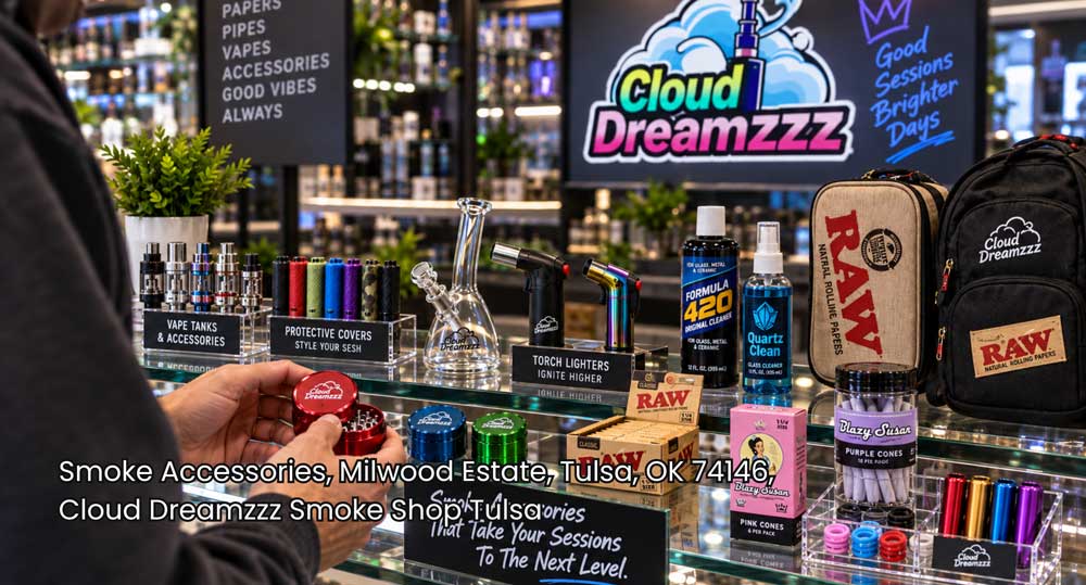 Customer inspecting red herb grinder with rolling papers and top smoke accessories Tulsa display inside clean shop.