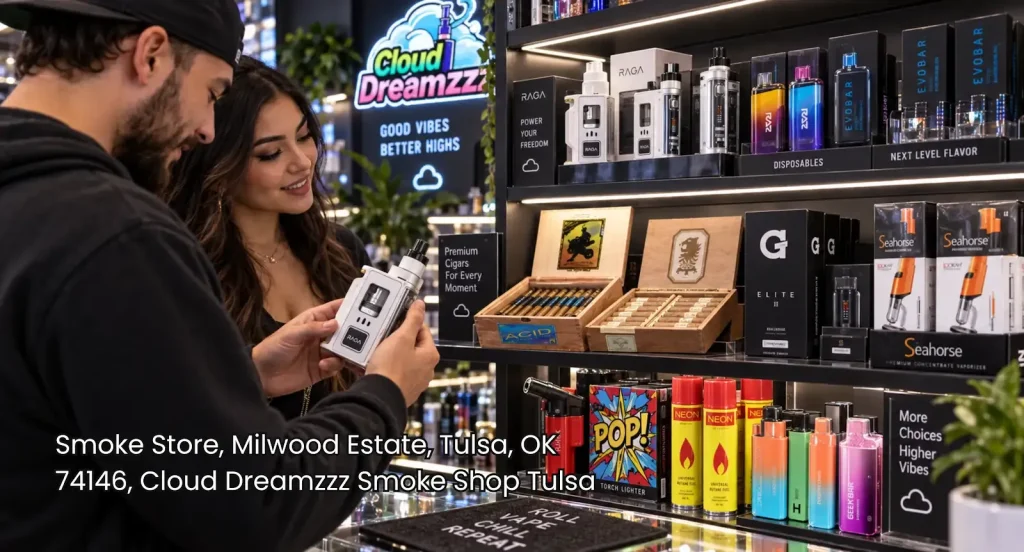 Customers examining modern vape gear inside a fully stocked smoke store Tulsa offering cigars and accessories.