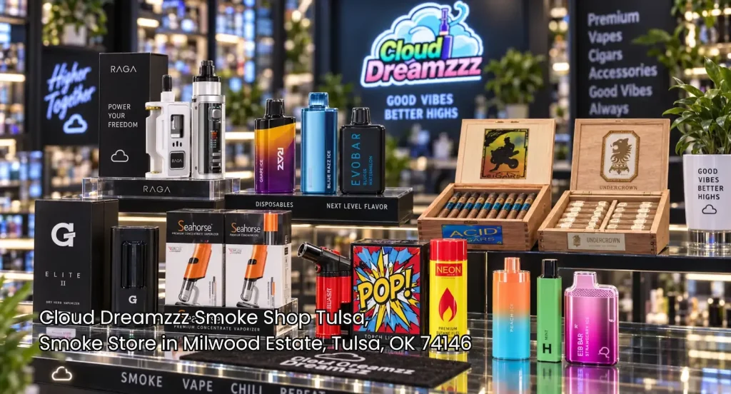 Premium vape disposables, lighter accessories, and cigars on display at a top-rated smoke store Tulsa shop.