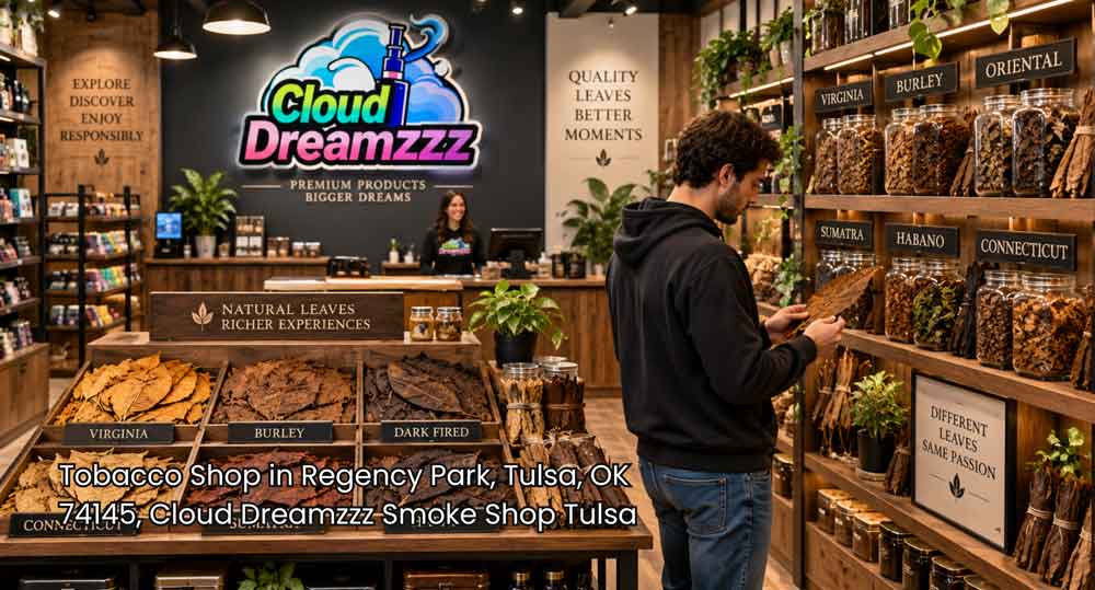 A customer inspecting whole cured tobacco leaf varieties inside a premier tobacco shop tulsa location in Regency Park.