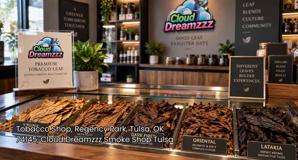 A glass display filled with whole tobacco leaves at a local tobacco shop tulsa featuring Virginia and Latakia varieties.