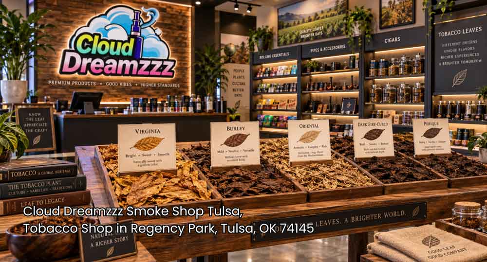 Sorted wooden bins showing whole tobacco leaf varieties inside a specialty tobacco shop tulsa store near Regency Park.