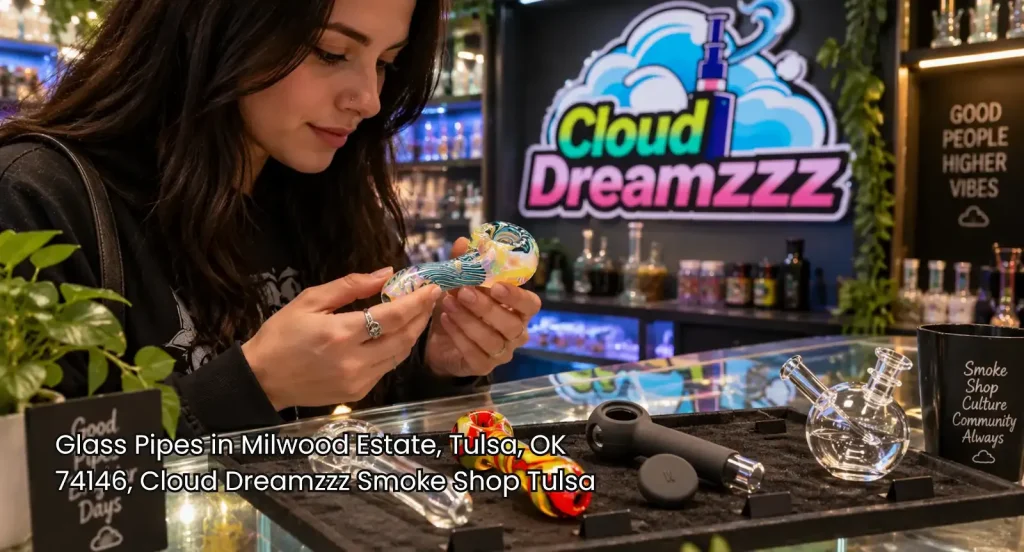 Customer examining colorful glass pipes Tulsa at Cloud Dreamzzz smoke shop display counter in Milwood Estate.