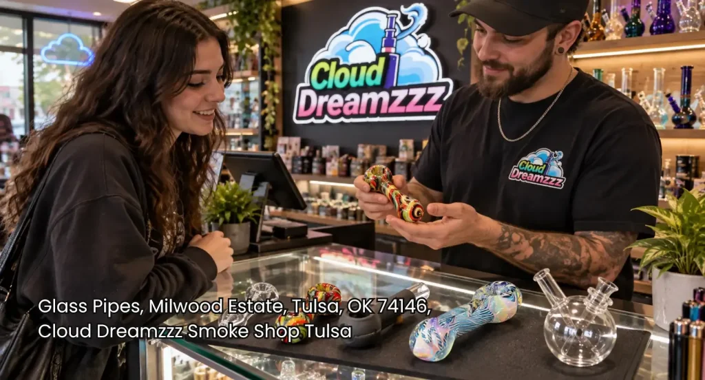 Smoke shop clerk showing hand-blown glass pipes Tulsa to a smiling female customer inside Cloud Dreamzzz store. 