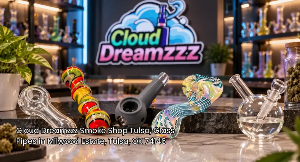 Selection of custom swirl and clear glass pipes Tulsa displayed on counter at Cloud Dreamzzz smoke shop store. 